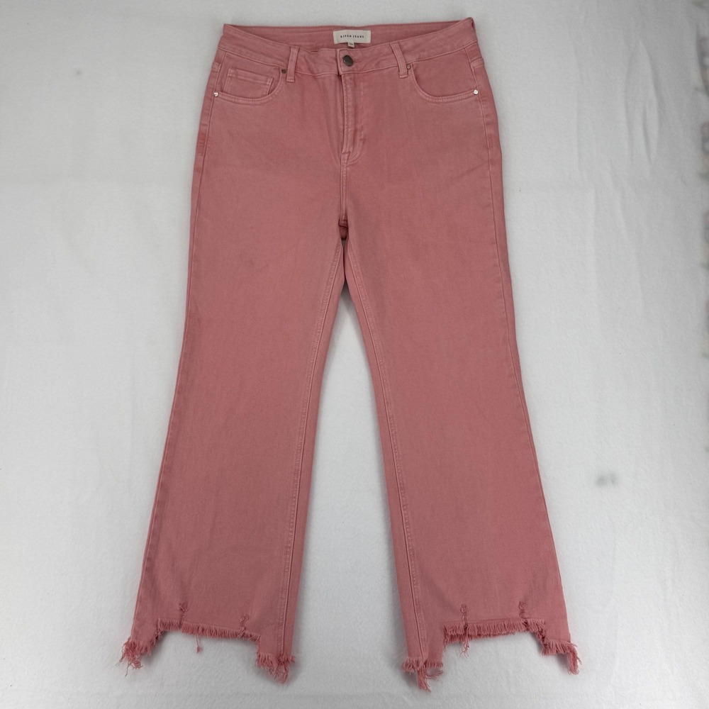 Risen Jeans Cropped Jeans Juniors 13/31 Pink High Rise Fringe Hem Stretch Denim